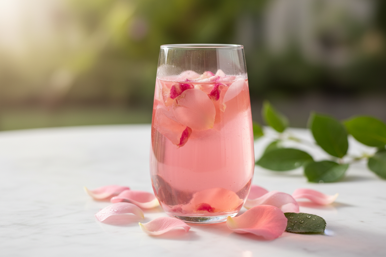 with rose pedals in glass