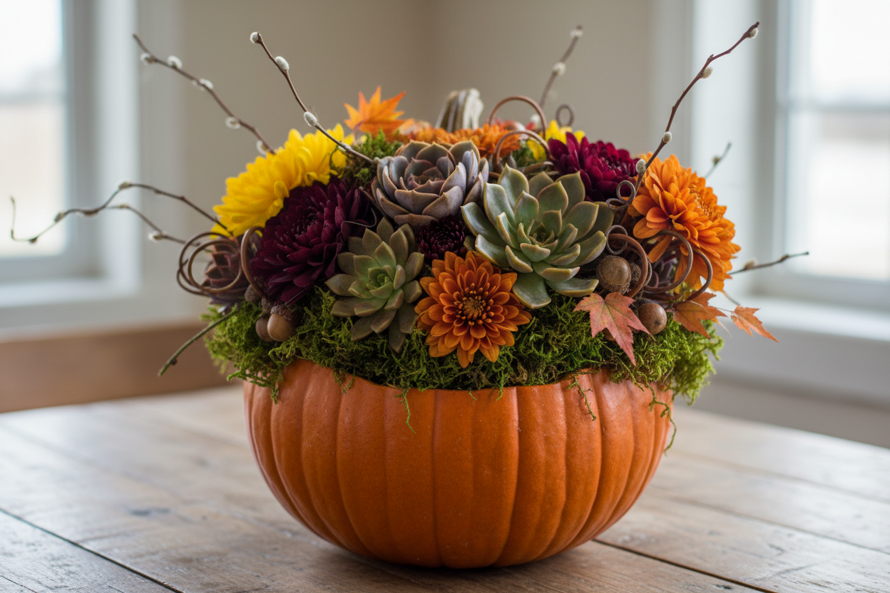 flower arrangment in a pumpkin with moss succulents and mums
