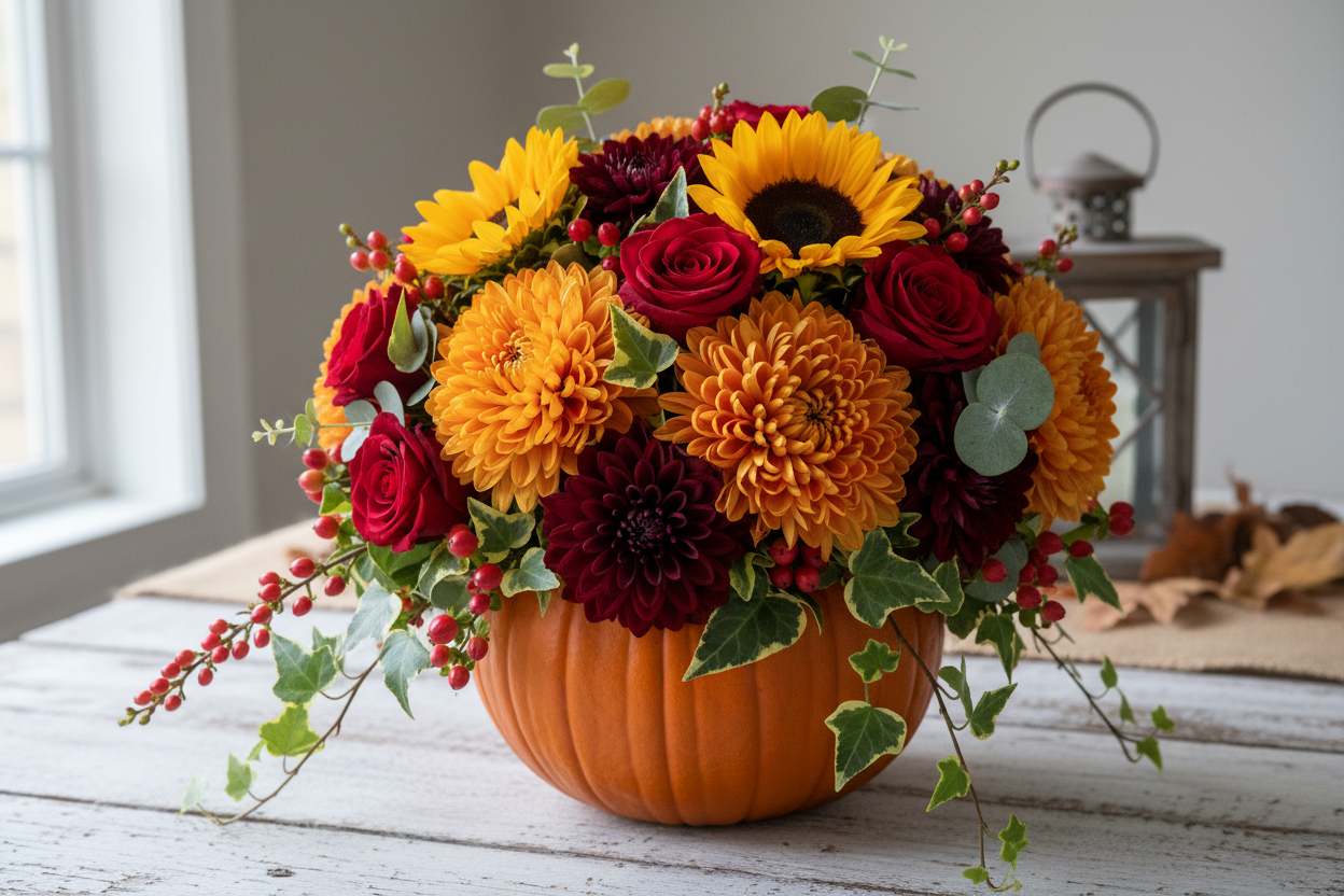flower arrangment in a pumpkin 