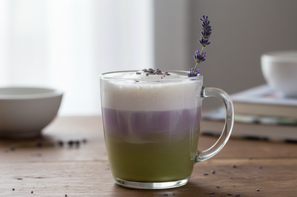 lavender matcha in glass mug with lavender sprig sticking out like a stirrir