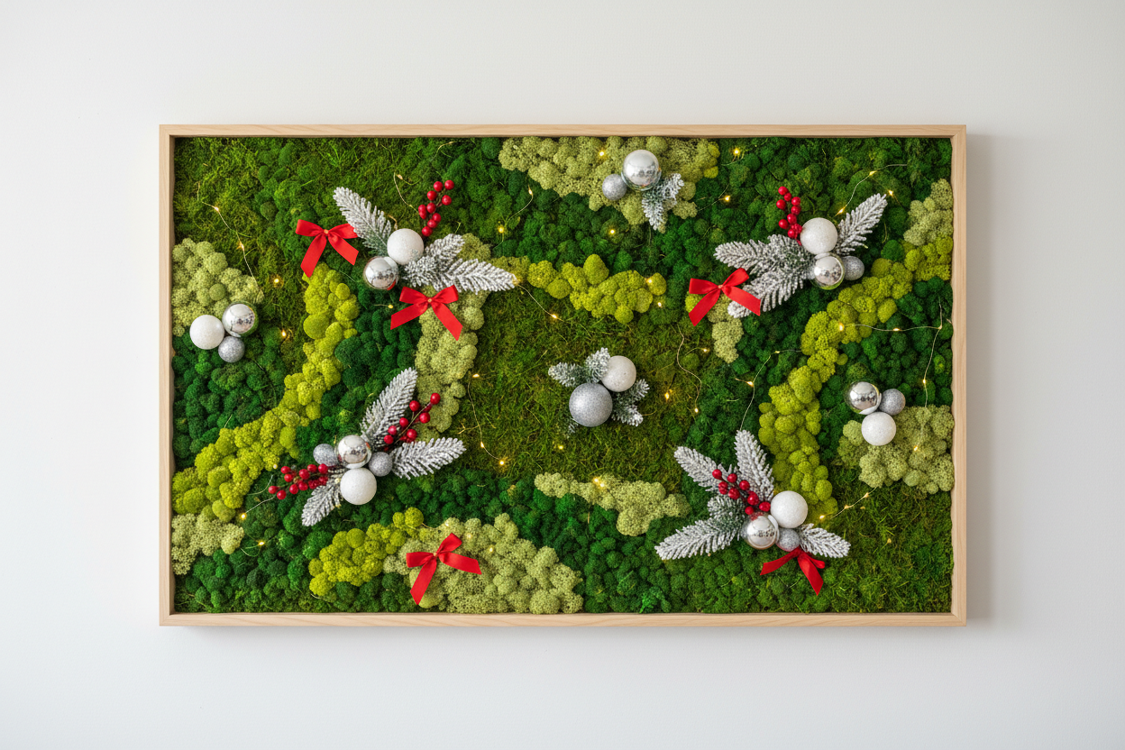 moss panel with wooden frame and christmas ornaments