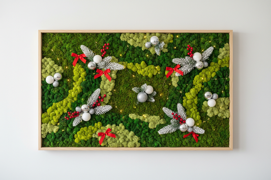 moss panel with wooden frame and christmas ornaments