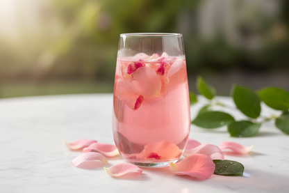 with rose pedals in glass